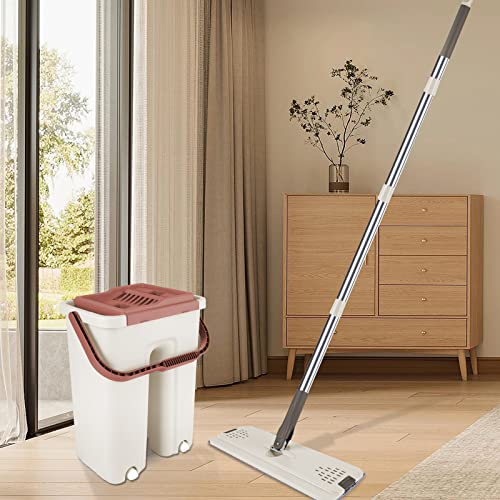 Balai Magique et Seau Essoreur, Balai Microfibre Plat avec Manche en INOX, 2 Serpillères Réutilisables, pour sols Bois, Stratifiés, Carrelage et Marbre