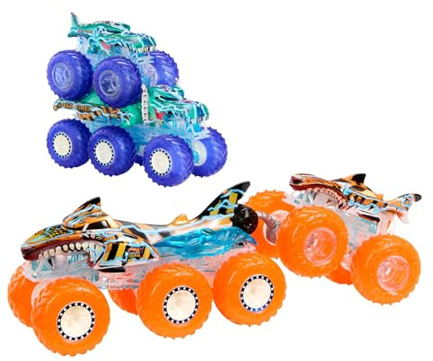 Hot Wheels Monster Trucks Spielzeugtruck & Big Rig Multipack, Mega-Wrex & Tigerhai im Maßstab 1:64 mit Big Rigs in passender Power Smashers-Deko, HYJ29