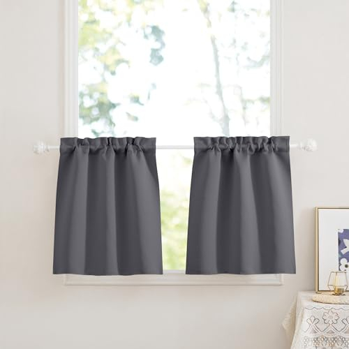 PONY DANCE Scheibengardinen Blickdicht Kurze Gardinen mit Stangedurchzug 2er Set B 60 x H 120 cm Verdunklungsvorhänge für Kleine Fenster Wohnzimmer, Grau