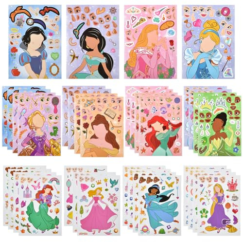 OSDUE 32 PCS Make a Face Sticker Sheets, Princess DIY Stickers for Kids Crafts, Make Your Own Stickers Mix and Match Sticker Sheets for Birthday Party Decorations Party Supplies (Princess-32 Sheets)