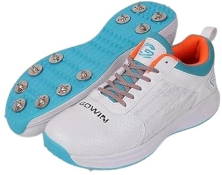 KNK Gowin Tyro Metal Spike Cricket Shoe for Outdoor and Field Sports with All Round Performance (White/Island Blue, US Footwear Size System, Adult, Men, Numeric, Medium, 8)