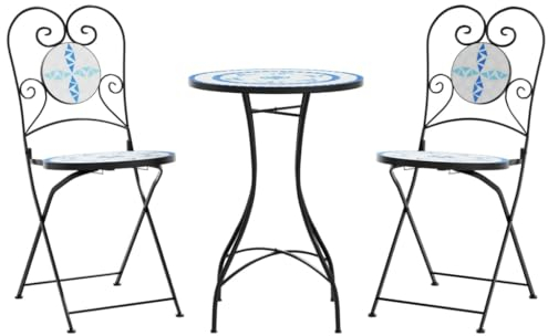 Gecheer Ensemble bistrot mosaïque avec 2 chaises pliantes, meubles de balcon, meubles de jardin, bleu et blanc fer et céramique