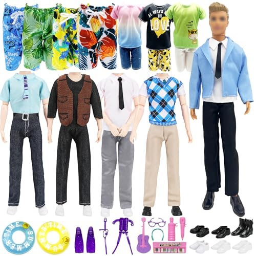 18 Pack of Clothes and Accessories Compatible with doll, Kleidung und Zubehör 1 Anzug 6 Freizeitoberteile Hosen 1 Badeshorts 4 Schuhe und Schwimmzubehör für 12 Zoll Jungen Puppen