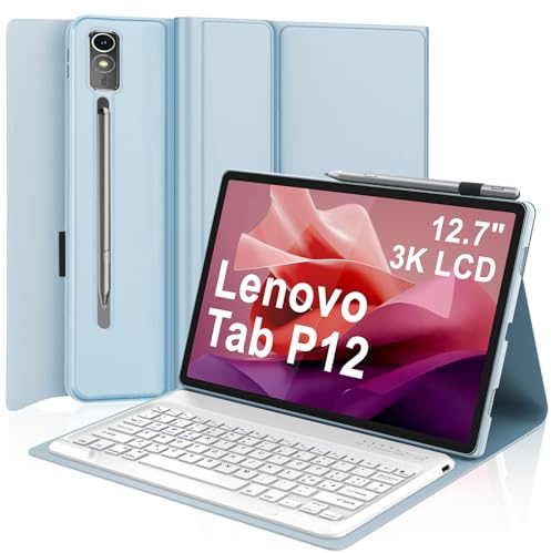 IVEOPPE Tastiera per Lenovo Tab P12 12.7 2023, Cover Custodia Cover Tastiera Layout Italiano Rimovibile Bluetooth per Lenovo Tab P12 12.7 Pollici 2023 TB370FU, Blu cielo