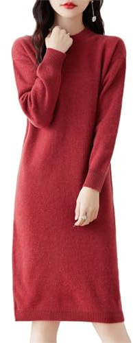 Ailaile 100 % laine mérinos pull robe femme demi-longueur col rond manches longues pull col rond automne hiver robe tricotée, Or rouge., M
