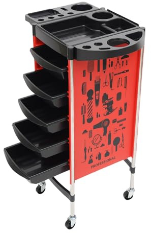 Carrito de salón con 5 cajones y ruedas, carrito de salón para estilista, peluquero, SPA, hasta 20 kg por cajón (rojo)