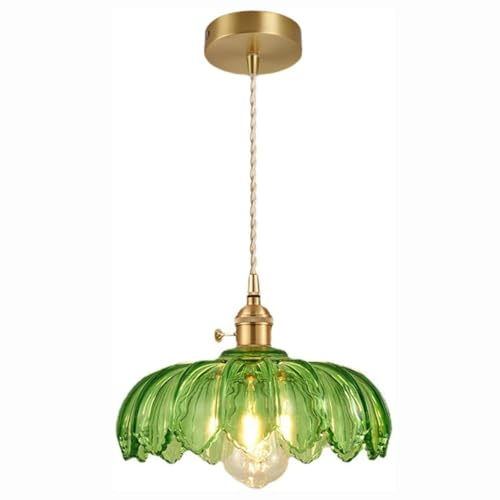 OURLOVEII Modern Grün Glas Hängelampe E27 Küche Pendelleuchte mit Messingschalter Höhenverstellbar Küchenlampe Hängend Glas Esstischlampe für Esszimmer Esstisch Flur Ø25 cm