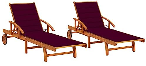 Higsose Liegestuhl Gartenn 2 STK. mit Auflagen Massivholz Akazie 199x67x85cm Weinrot Rustikalem Relaxliege mit Räder Balkon Liege Dekorative Funktion Sonnenliege Klappbar Platzsparend