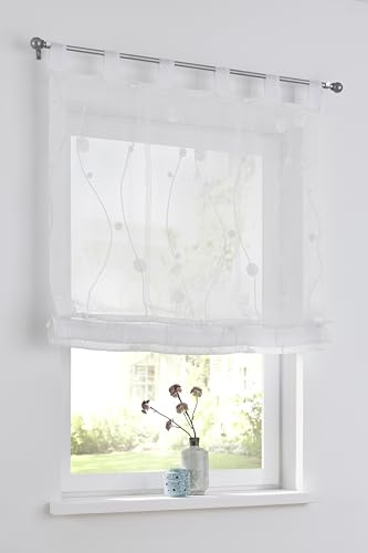 Nelly weiß Raffrollo mit Schlaufen modern Bestickt Raffgardine halbtransparent, Polyester pflegeleicht in der Größe 45 x 140 cm