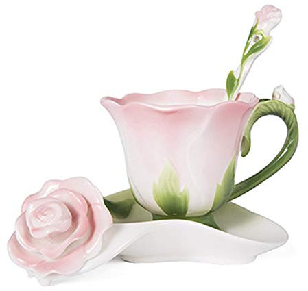Tazzine da Caffè Vintage, Forma 3D Rosa del fiore dello smalto in ceramica tazza di caffè tè e piattino Cucchiaio Di alta qualità in tazza di porcellana creativo regalo di San Valentino design(Pink)