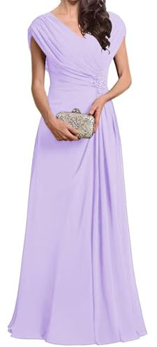 YIANN Vestido largo de gasa con cuello en V para madre de la novia, para boda, plisado, vestido formal, Lila, 56 Grande