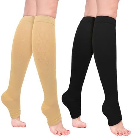 Sahunfri 2 Pairs Open Toe Compression Socks Women Men, 20-30 mmHg Flight Compression Socks for Women, Toeless Pressure Socks for Calf Support(UK, Alpha, L, XL, Regular, Regular, Nude&Black)