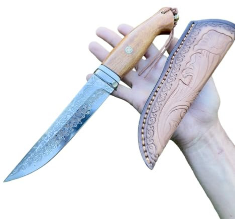 Obespina Couteau Damas Forge Main Lame Fixe Poignée Bois Étui Cuir Collection Custom Cadeau Homme Artisanal damascus japonais luxe camping edc exterieur tranchant rasoir