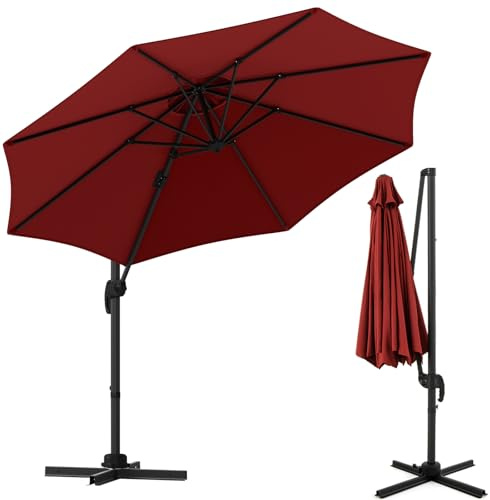 KOMFOTTEU 3M Parasol Déporté Rond, Φ 308 cm, Parasol de Jardin Pliable, 5 Angel Réglable, Base croisée, Parasol sur Pied, φ294 cm, 248 cm Hauteur, pour Balcon, Terrasse, Piscines (Bordeaux)
