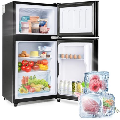 Merax Retro-Kühlschrank, Kühlschrank Klein mit Gefrierfach, Zweitürig, mit 60 Liter Gesamtvolumen, 22 Liter Gefriervolumen, 102 kWh/Jahr, -27°C ~13°C, LED-Licht, Schwarz