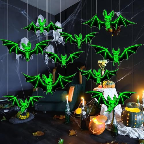 PacuM Halloween Deko Fledermaus Set Mit 10 Halloween Fledermaus Deko | 12 Filzaufklebern und 2 Rollen Angelschnur Grün Luminous Hanging Bats Dekorationen für Partydekoration