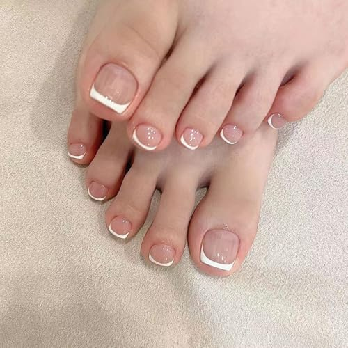 Viugex 24 Pièces Rose Faux Ongles Pieds Court Carré, Bordure Blanc Faux Ongles D'orteil à Coller, 12 Tailles Acrylique Pleine Couverture Capsule Ongle Pied, Naturel Press on Toe Nails pour Femmes