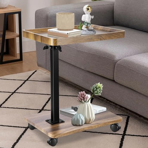 Cable Leader Beistelltisch C Form, 360° Rotierend Beistelltisch Couch HöHenverstellbar (45-80cm), Kleiner Tisch mit Rollen, Side Table Klein Holz mit Metallgestell, als Ablagefläche für Couch