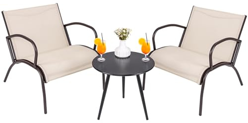 GOPLUS 3-teilige Gartenmöbel Set, Bistroset mit runder Beistelltisch und 2 Outdoor-Stühle mit atmungsaktivem Gewebe, Robustes Metallgestell, Gesprächsset für Terrasse, Balkon, am Pool