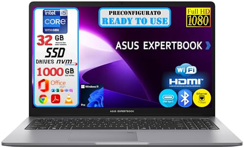 ASUS ExpertBook P1 (P1503), Intel i5-13420H, 32GB RAM DDR5, 1TB (1000GB) NVMe SSD, 15.6 Full HD 1920x1080, Intel UHD Graphics, Windows 11 Pro - Office 2021 - Pronto All'Uso