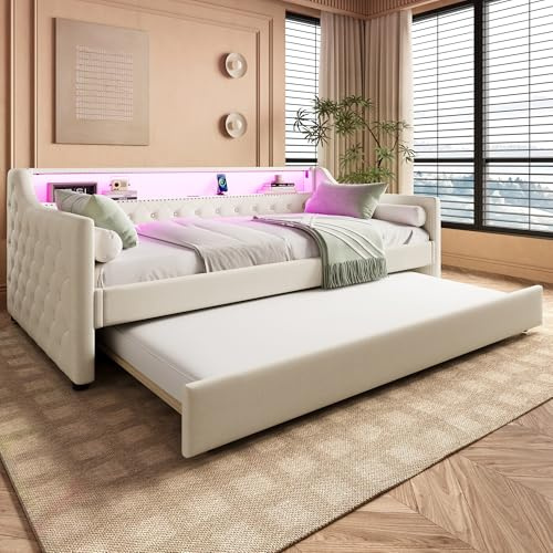 Luscriate Daybett 90x200 cm mit Lattenrost, Bett mit ausziehbarem Bett & LED-Ambientelicht, Schlafsofa mit USB-Ladebuchse, Stauraumbett für Jugendzimmer & Gästezimmer, Linen (ohne Matratze)