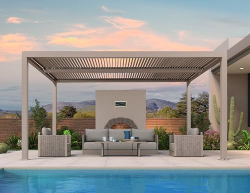 PURPLE LEAF Pérgola bioclimática 4,6 x 3 m, pérgola de jardín exterior en aluminio, cenador de jardín exterior sin mantenimiento con sistema de drenaje para terraza y balcón, color champán