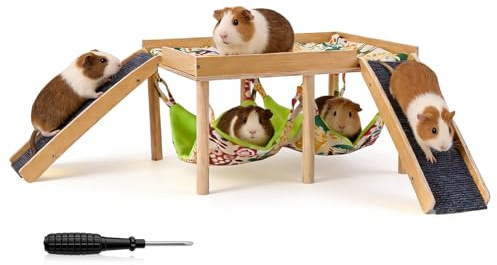 HuuppHip Holz Meerschweinchen Haus, Mehrstöckige Meerschweinchen Versteck mit Hängematte und 2 Rampe Kleine Haustiere Spielzeug Zubehoer Abnehmbares Haus für Hamster Meerschweinchens