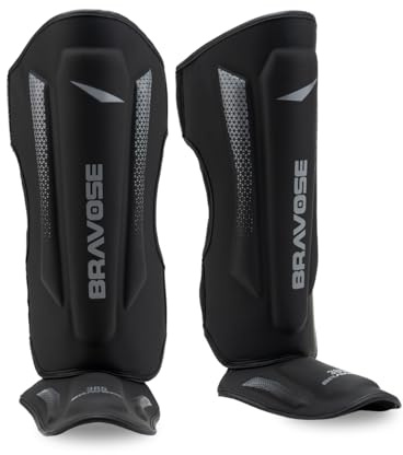 Bravose Muay Thai Shin Guards | MMA, Kickboxing, Martial Arts Shin Protectors for Men Women | Instep Leg Foot Standup Padded Combat Sports Guard | Boxing, Karate, Taekwondo (L)