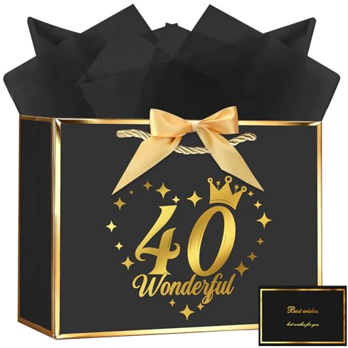 OFFCUP Födelsedagspresentpåse, 28 x 20 x 10 cm, 40-årsdagsfestpåse med önskehandtag och 3 inpackningar och 1 kort, lyxiga papperspåsar med handtag för flickor, kvinnor, bröllop, fest, jul