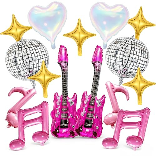 15pcs Disco Ball Balloons Party Decorations, Pink Inflatable Rock Star Guitar Props and 4D Shining Disco Star Balloons, Colorful Music Party Foil Balloons Set for 70s 80s 90s Disco Party Decorations