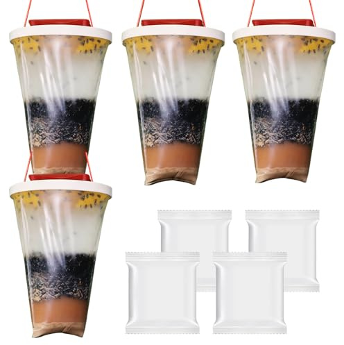 CLIUNT Confezione da 4 trappole per mosche da appendere all'aperto, usa e getta, con esca, atossica, repellente per mosche, per giardino, fattoria, fienile, ranch