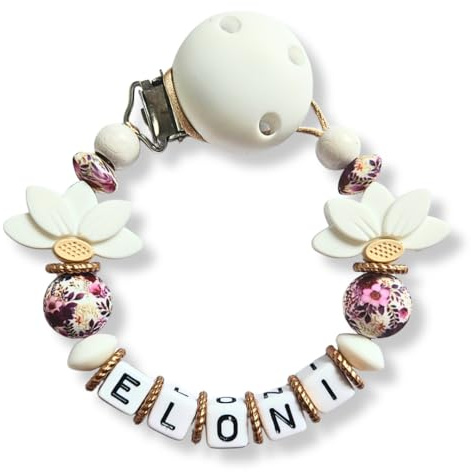 Eloni® Personalisierte Baby Geschenk mit Namen, Holz und Silikon Perlen,Blumen Design, Babygeschenk, (Weiß/Lila)