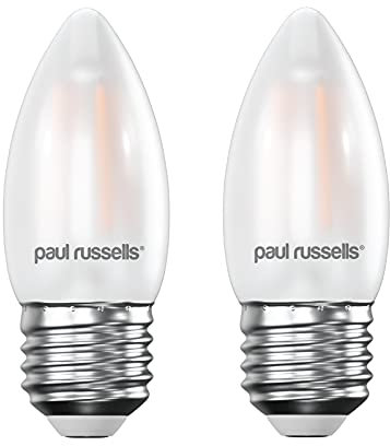 paul russells Edison Screw LED Filament Pearl Frosted Candle E27 Light, 25w Equivalent Replacement 2.5W 250LM 2700K Warm White C35 Bulbs, Ceiling Fittings Chandelier Energy Saving Lamps, Pack of 2