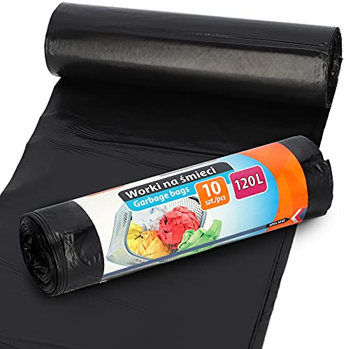 RAVI Müllbeutel, 120L, 10 Stück, Schwerlast Beutel, reißfeste Abfallsäcke, Säcke aus resistenter HDPE-Folie, Müllsäcke für Küche, Garage, Abfallbeutel aus wasserresistenter Folie, schwarz