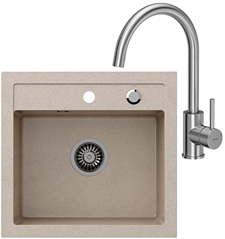 VBChome Spülbecken + Armatur 50 x 47 cm Beige Spüle Einzelbecken Küche Einbauspüle Verbundspüle Küchenspüle gesprenkelt flächenbündig + Siphon Waschbecken