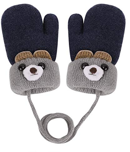 Kinder Handschuhe Winter Strickhandschuh Fausthandschuh Baby Cartoon Cubs Fäustlinge Halshandschuhe Warm Plüsch Gloves mit Schlüsselband für 0-3 Jahre Mädchen Junge (Marineblau, One size)