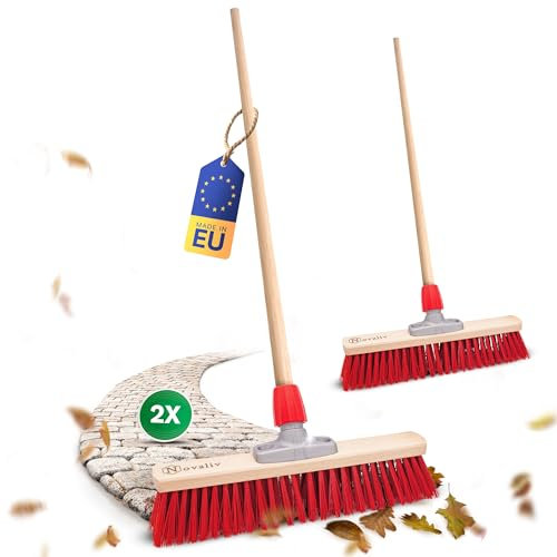 Novaliv Lot de 2 balais de rue avec manche 50 cm I Bois I Elaston Rouge I Gros Balai industriel Balais de rue Larges Balais de jardin pour extérieur