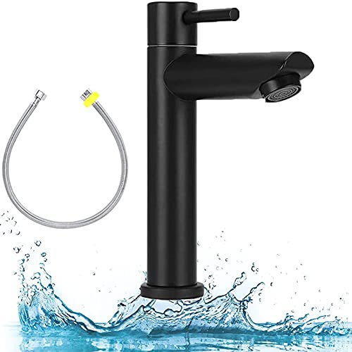 Badezimmer Wasserhahn Waschbecken,Einhebel Waschtischmischer,Kaltes Wasser Wasserhahn,Edelstahl Nur Kaltes Wasser Wasserhahn Bad mit 60cm Felxibel Schläuche,für Badezimmer,Waschraum (Schwarz)