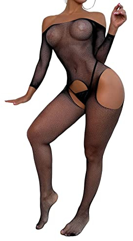 WDIRARA Women's Mesh Bodystocking Off the Shoulder Fishnet Bodysuit Tights Lingerie Black one-size