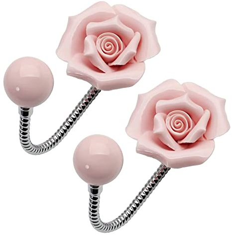 MOROBOR Kleiderhaken aus Keramik, mit rosa Blumen, 2 Stück, 3D-Rosenform, Chrom, dekorative Blumen-Wandhaken zum Aufhängen von Schals, Taschen, Handtuch, Hut