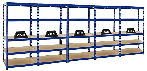 Spar Deal | 5er Set Schwerlastregal Tiger Blau | HxBxT 180x90x60 cm | Fachlast 265kg Kellerregal Lagerregal Metallregal