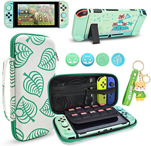 DLseego Tragetasche für Nintendo Switch, Zubehör Bundle für Switch Konsole mit Dockable Hart Cover Animal Crossing Hülle und Daumengriffkappen und Bär Charms - Grün
