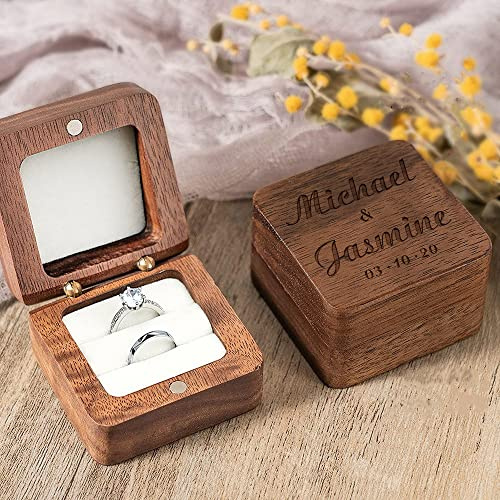 Funmii Personalisierte Ringbox aus Holz Hochzeits-Doppelring-Box mit Gravur Name, Doppelring-Box für Antrag Verlobung Schmuck Schatulle Geburtstag Hochzeitsgeschenk für Braut Freundin Ehefrau