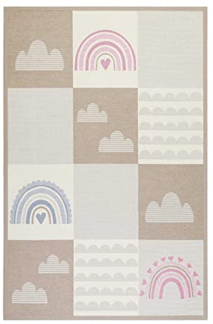 Wecon Home Wendbarer Kurzflor Esprit Kinderteppich mit Regenbogen vorne und Himmel hinten für Kinderzimmer - Lovely Rainbow (70 x 140 cm, beige)
