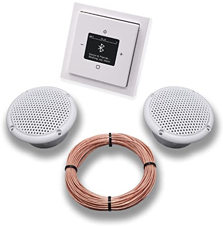 Busch Jäger DAB+ Bluetooth Unterputz Unterputzradio DAB BT 8217 U – 101 studioweiß Komplettset Future Linear, 2 x Deckenlautsprecher Feuchtraum Badezimmer + 20 m Lautsprecherkabel 2x0,75 mm² 8217U-101