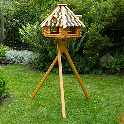 Deko-Shop-Hannusch XXL Luxus Vogelhaus wahlweise mit Solarbeleuchtung, Vogelfutterhaus aus Holz, V13 wahlweise mit Ständer, mit Futtersilo, Silo (XXL mit Ständer, schwarz/braun Holzschindeln)