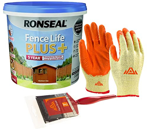 PERFECTONISH Fence Life Plus+ UV Protection 5L Paint For Outdoor Wood fence Garden Shed With Free 3” Paint Brush and Protective Gloves (Medium Oak)