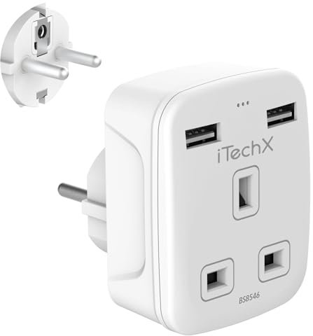 Uk To European Plug Adapter, Grounded Eu Europe Schuko Travel Power Adaptor With 2 Usb Ports,Continental Plug UK to EU Euro France Iceland Germany Spain Greece Portugal Poland Netherlands Type E/F
