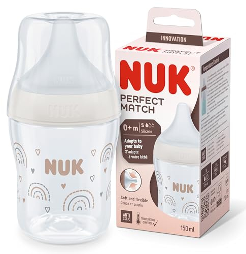 NUK Perfect Match Baby Bottle | 0+ Months | Adapts to Baby's Palate | Temperature Control | Anti Colic Vent | 150 ml | BPA-Free | Small Silicone Teat | Rainbow