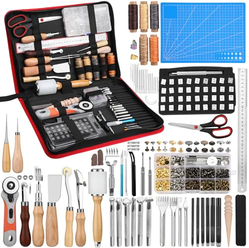 SOCNITC 264 Pcs Leather Working Kit with Snaps Rivet and Leathercraft Tools | Leather Craft Working Kit with Stamping Tools, Stitching Groover, Waxed Thread And Punch Hole for Leathercraft Beginners